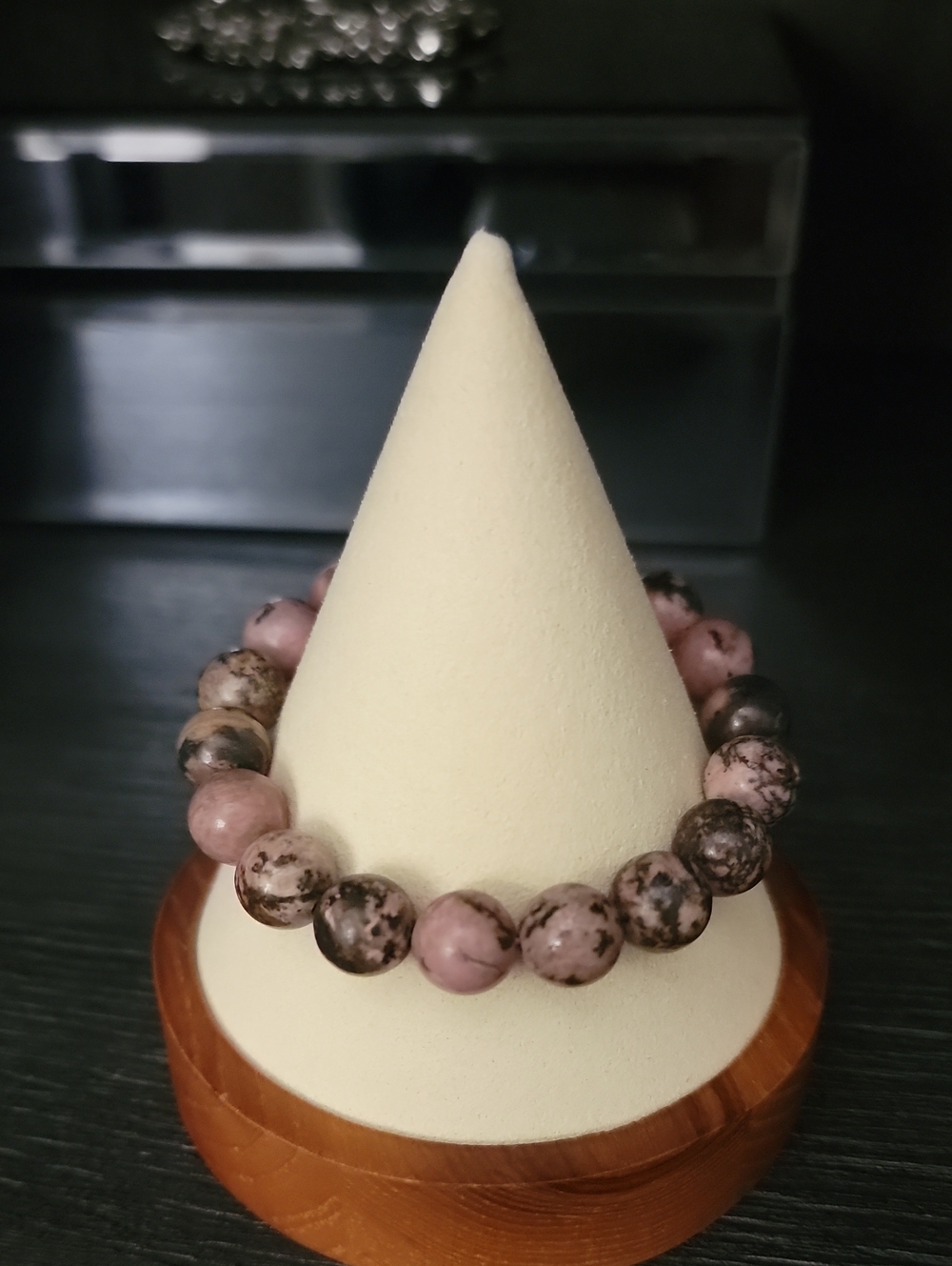 Natural Rhodonite Gemstone Stretch Bracelet – Pink & Black Beaded